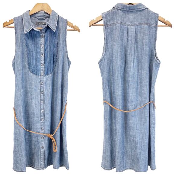 Level 99 Shirt Dress Womens Small Chambray Tencel Linen Pintuck Minimal Coastal - Picture 1 of 9